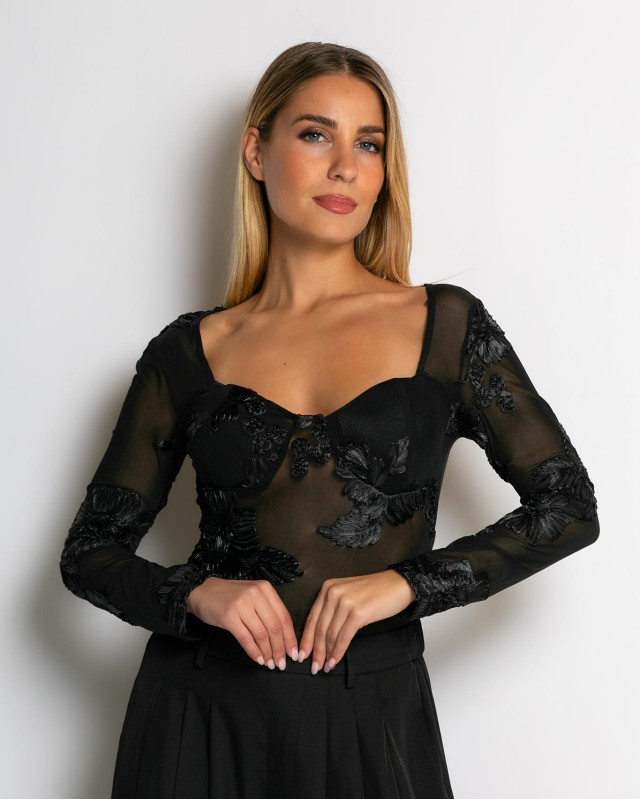 Κορμάκι με ανάγλυφα λουλούδια & διαφάνεια μαύρο