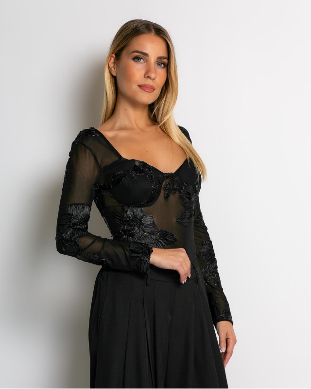 Κορμάκι με ανάγλυφα λουλούδια & διαφάνεια μαύρο