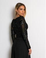 Κορμάκι με ανάγλυφα λουλούδια & διαφάνεια μαύρο