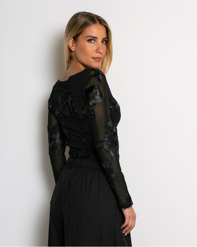 Κορμάκι με ανάγλυφα λουλούδια & διαφάνεια μαύρο