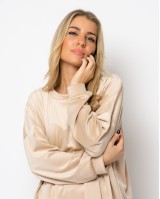 Σετ βελουτέ μπλούζα με λαιμόκοψη -παντελόνι με λάστιχο μπεζ