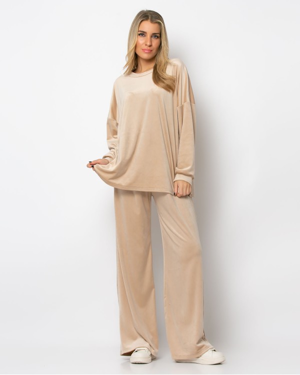 Σετ βελουτέ μπλούζα με λαιμόκοψη -παντελόνι με λάστιχο μπεζ
