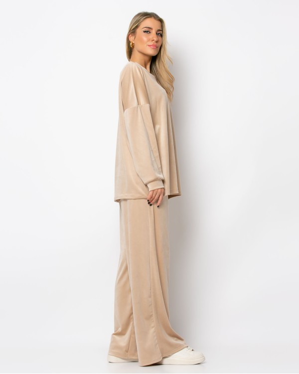Σετ βελουτέ μπλούζα με λαιμόκοψη -παντελόνι με λάστιχο μπεζ