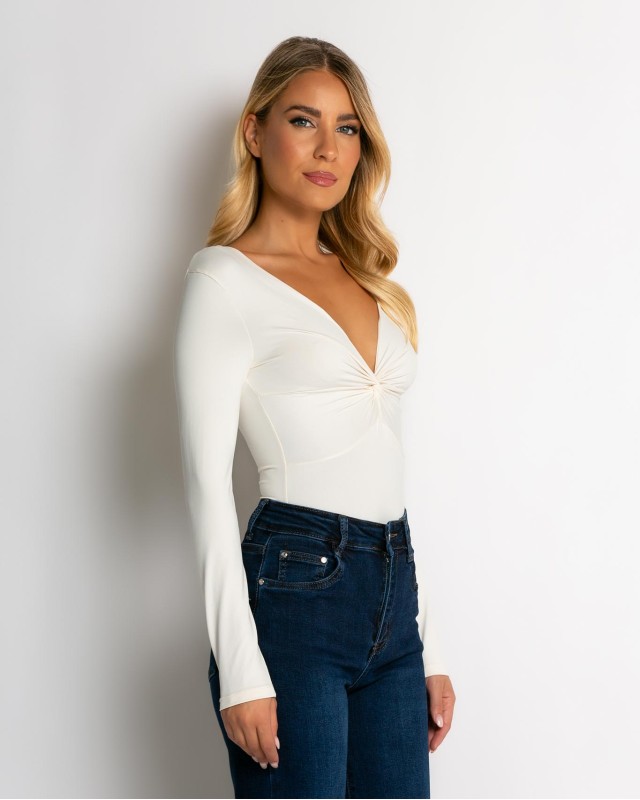 Κορμάκι με V & κόμπο στο στήθος εκρού