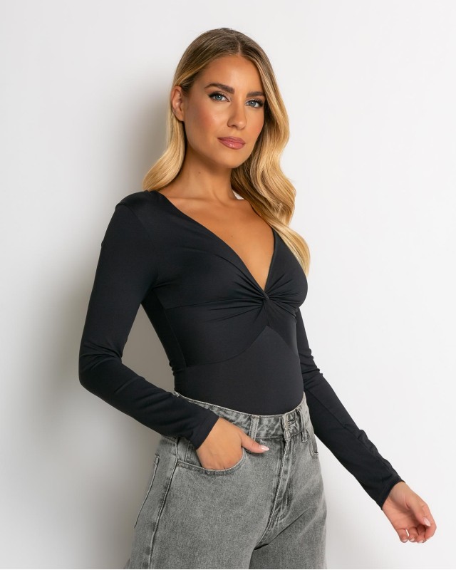 Κορμάκι με V & κόμπο στο στήθος ανθρακί