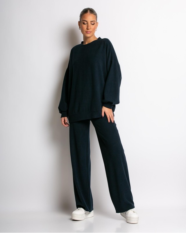 Σετ κοτλέ μπλούζα με στρογγυλή λαιμόκοψη και παντελόνι navy