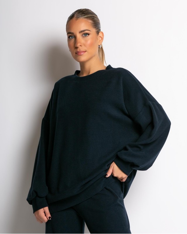 Σετ κοτλέ μπλούζα με στρογγυλή λαιμόκοψη και παντελόνι navy