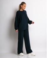 Σετ κοτλέ μπλούζα με στρογγυλή λαιμόκοψη και παντελόνι navy