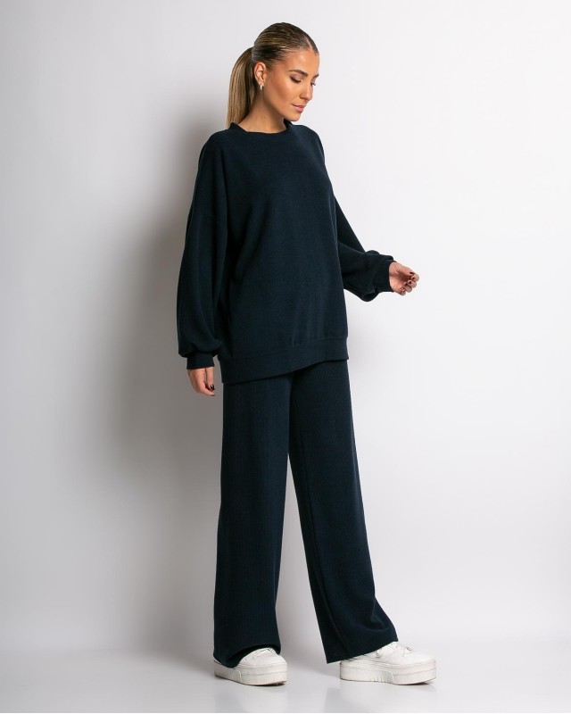 Σετ κοτλέ μπλούζα με στρογγυλή λαιμόκοψη και παντελόνι navy