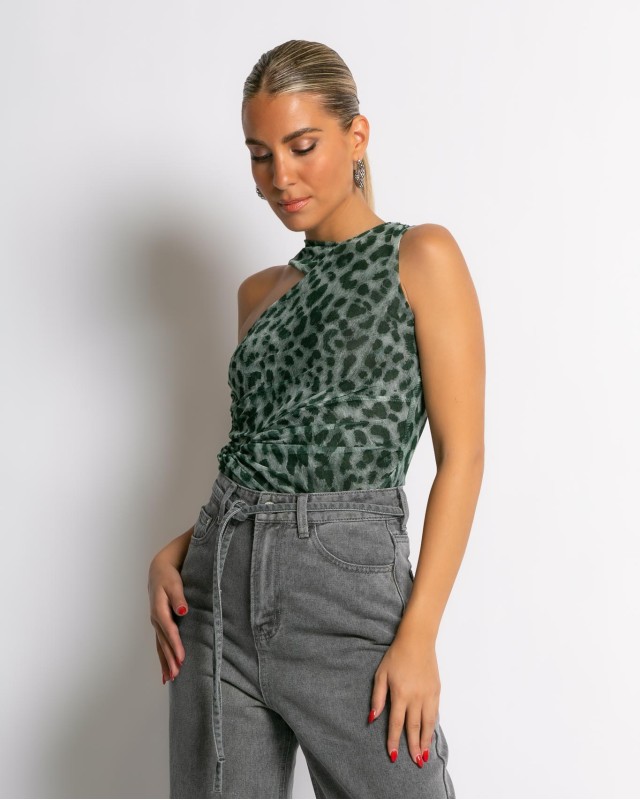 Κορμάκι με τούλι animal print χακί Κορμάκι με τούλι animal print χακί