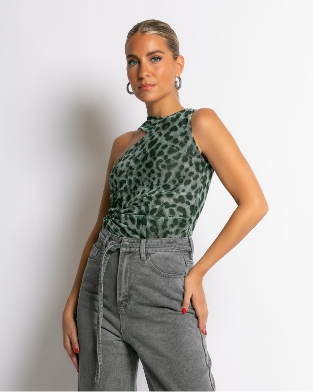 Κορμάκι με τούλι animal print χακί Κορμάκι με τούλι animal print χακί