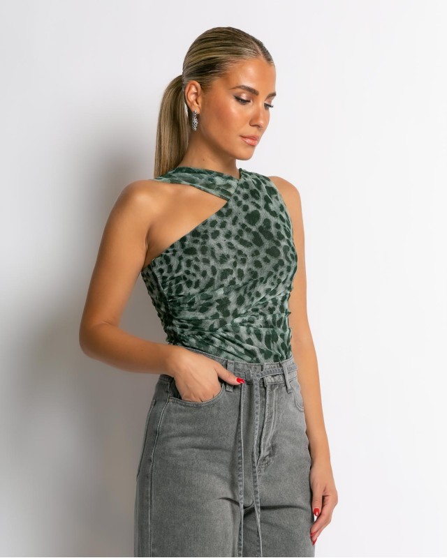 Κορμάκι με τούλι animal print χακί Κορμάκι με τούλι animal print χακί