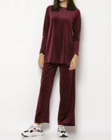 Σετ μπλούζα βελουτέ με άνοιγμα στο πλάι - παντελόνα μπορντώ