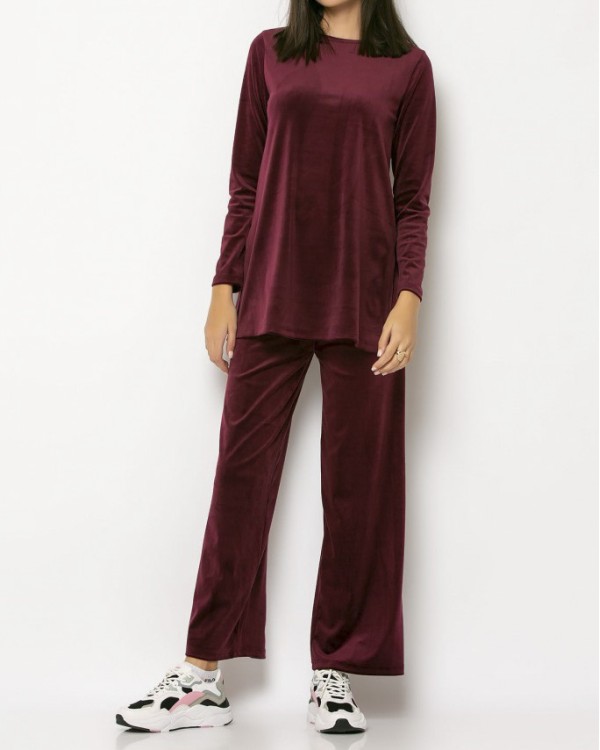 Σετ μπλούζα βελουτέ με άνοιγμα στο πλάι - παντελόνα μπορντώ