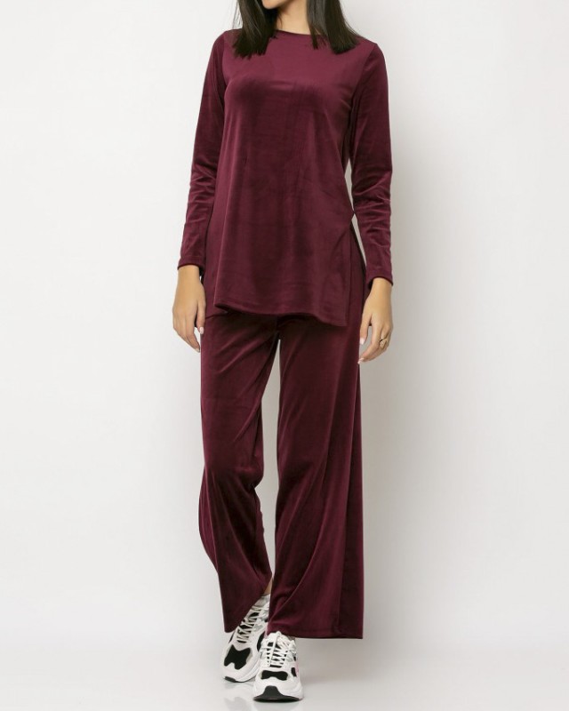 Σετ μπλούζα βελουτέ με άνοιγμα στο πλάι - παντελόνα μπορντώ