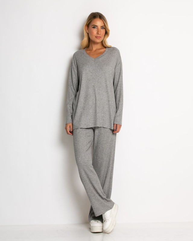 Σετ ριπ με lurex λεπτομέρειες μπλούζα & παντελόνι γκρι