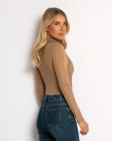 Μπλούζα crop με διαφάνεια & γιακά μπεζ σκούρο