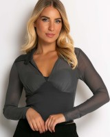 Μπλούζα crop με διαφάνεια & γιακά ανθρακί