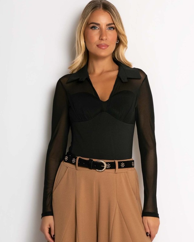 Μπλούζα crop με διαφάνεια & γιακά μαύρο