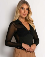 Μπλούζα crop με διαφάνεια & γιακά μαύρο