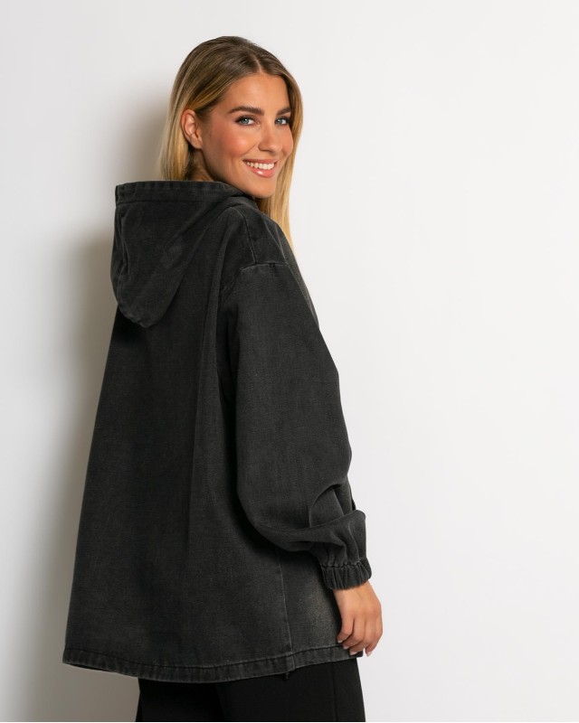 Jean φούτερ oversized με κουκούλα ανθρακί