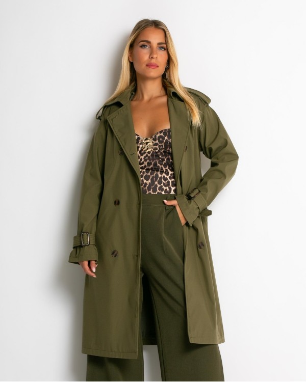 Καμπαρντίνα με ζώνη και κουμπιά χακί