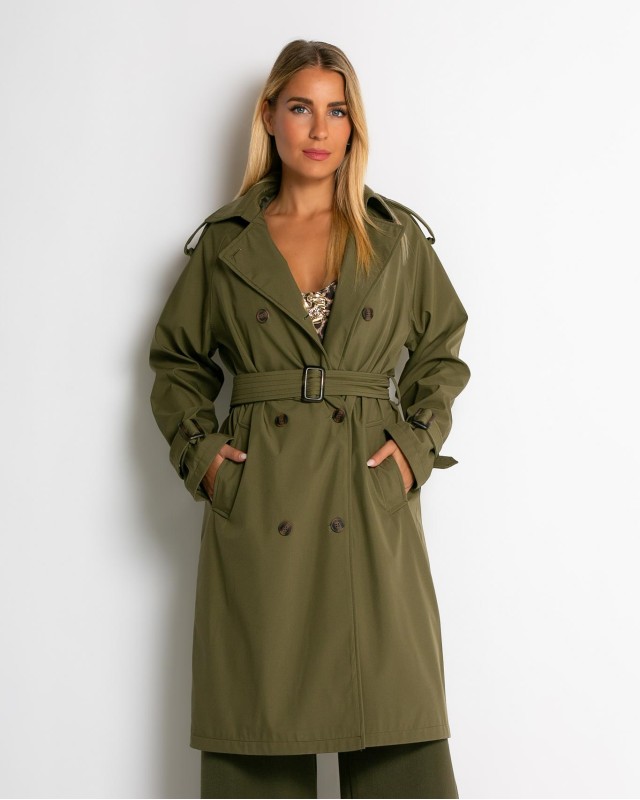 Καμπαρντίνα με ζώνη και κουμπιά χακί