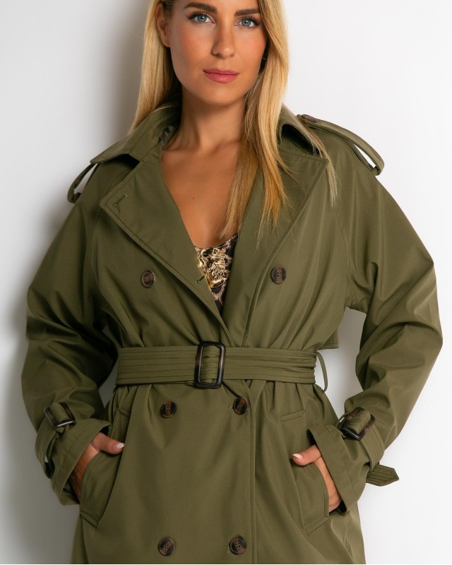 Καμπαρντίνα με ζώνη και κουμπιά χακί