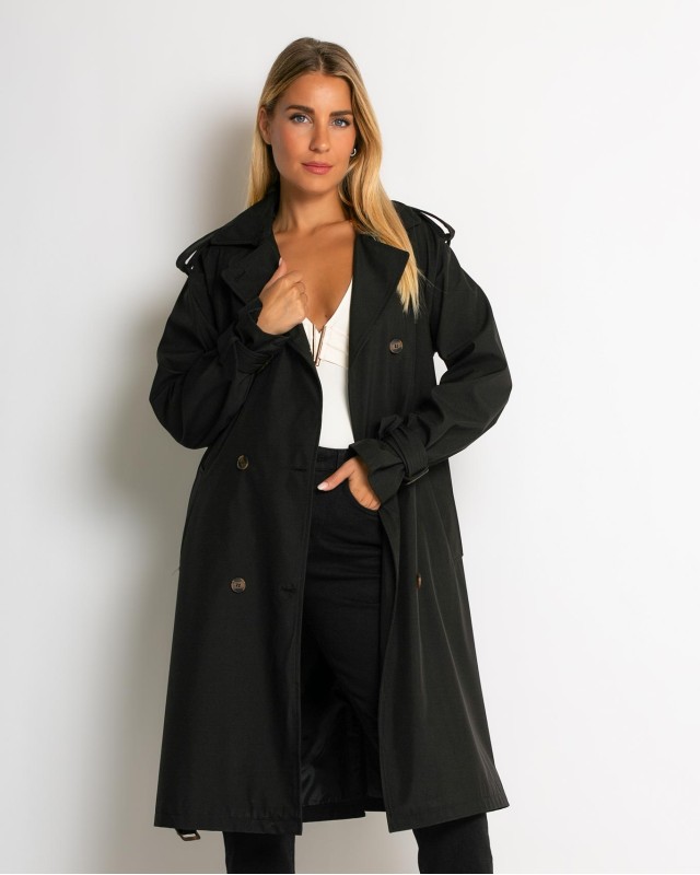 Καμπαρντίνα με ζώνη και κουμπιά μαύρο