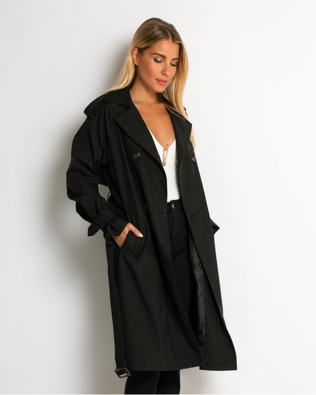 Καμπαρντίνα με ζώνη και κουμπιά μαύρο