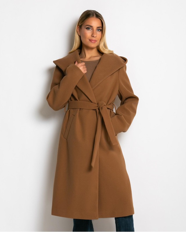 Παλτό με ζώνη και κουκούλα κάμελ