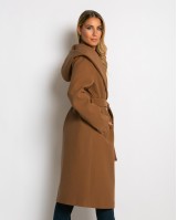 Παλτό με ζώνη και κουκούλα κάμελ