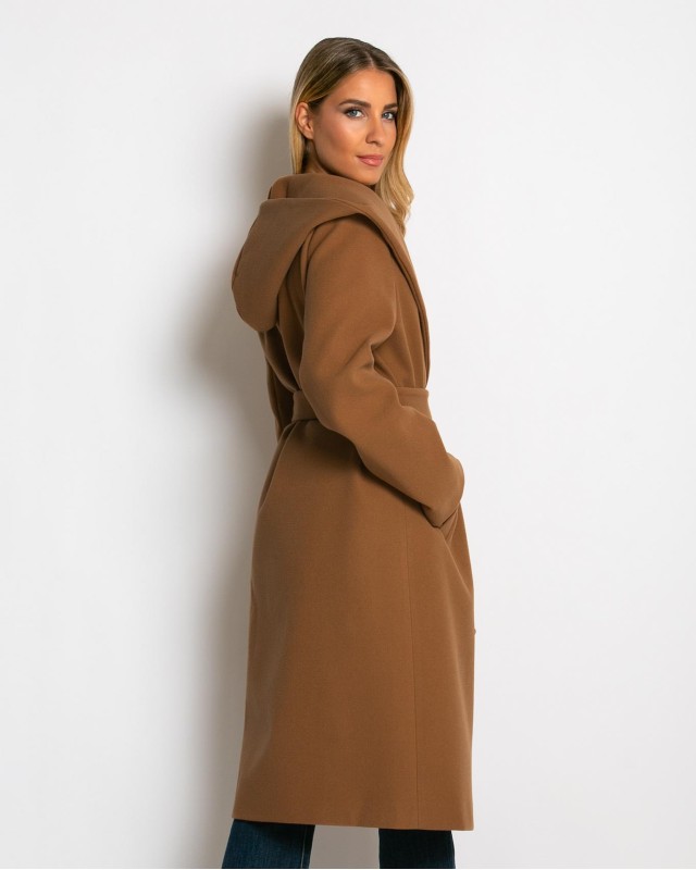 Παλτό με ζώνη και κουκούλα κάμελ