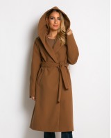 Παλτό με ζώνη και κουκούλα κάμελ
