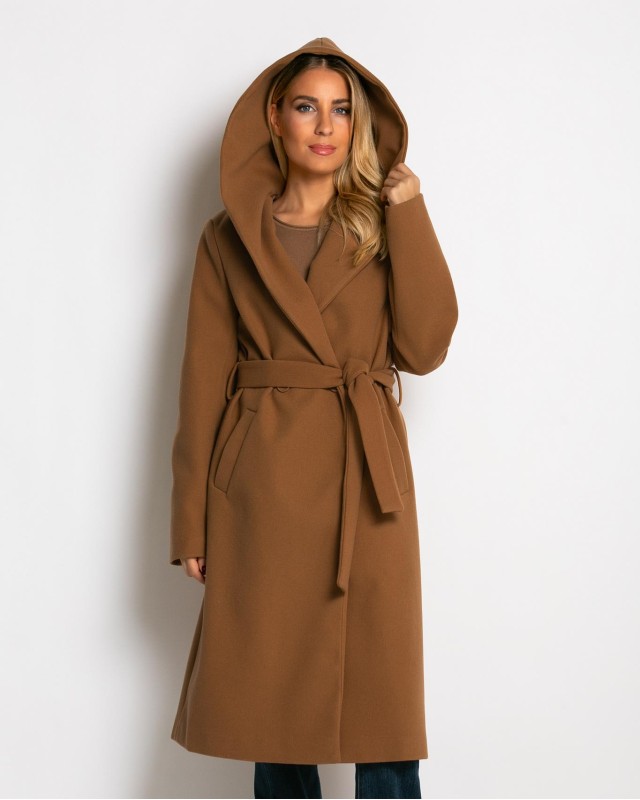 Παλτό με ζώνη και κουκούλα κάμελ