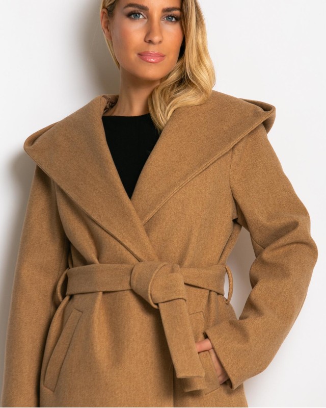 Παλτό με ζώνη και κουκούλα μπεζ