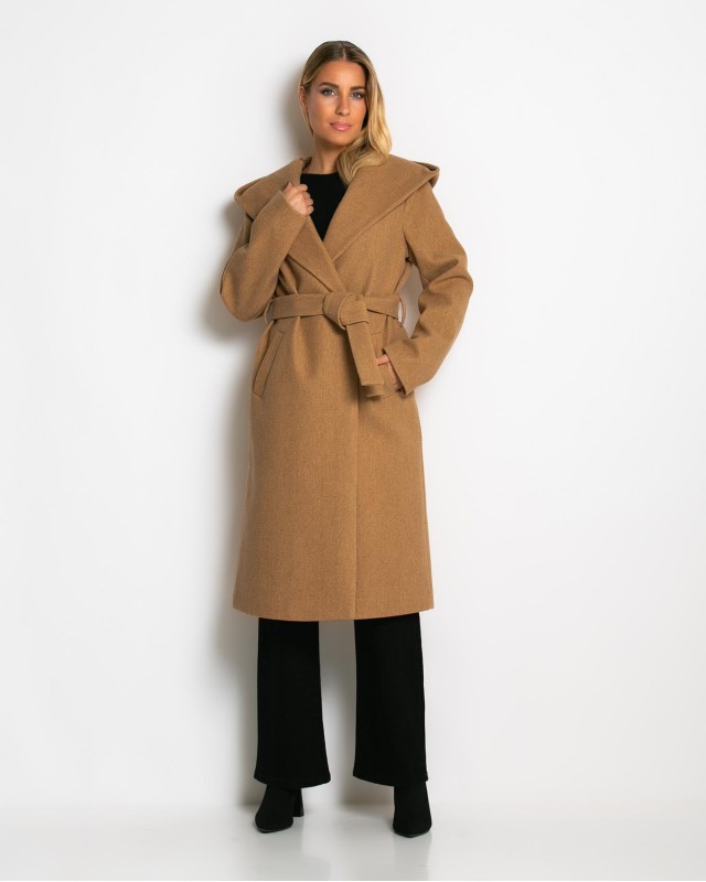 Παλτό με ζώνη και κουκούλα μπεζ