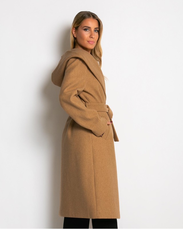Παλτό με ζώνη και κουκούλα μπεζ