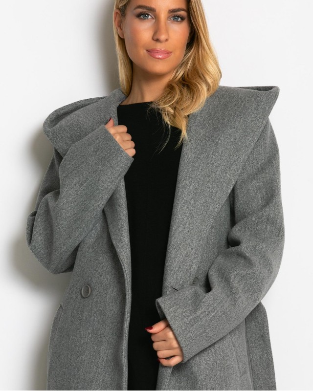 Παλτό με ζώνη και κουκούλα γκρι