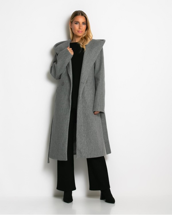 Παλτό με ζώνη και κουκούλα μπεζ