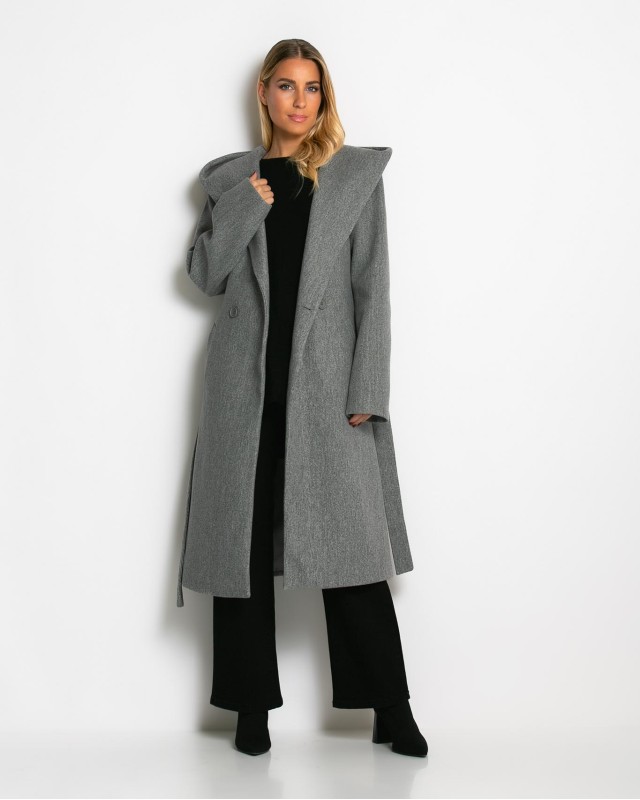 Παλτό με ζώνη και κουκούλα γκρι