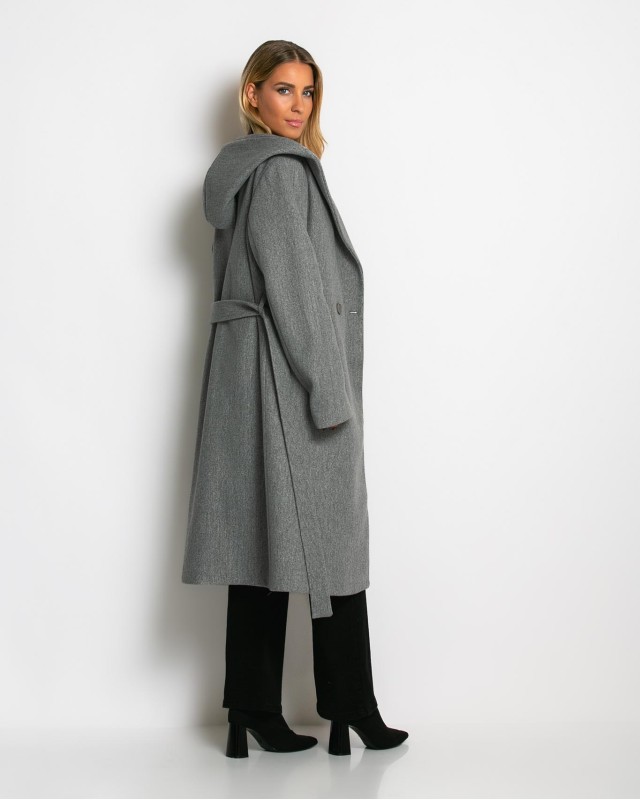 Παλτό με ζώνη και κουκούλα γκρι