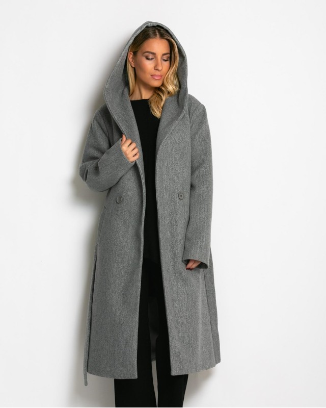 Παλτό με ζώνη και κουκούλα γκρι