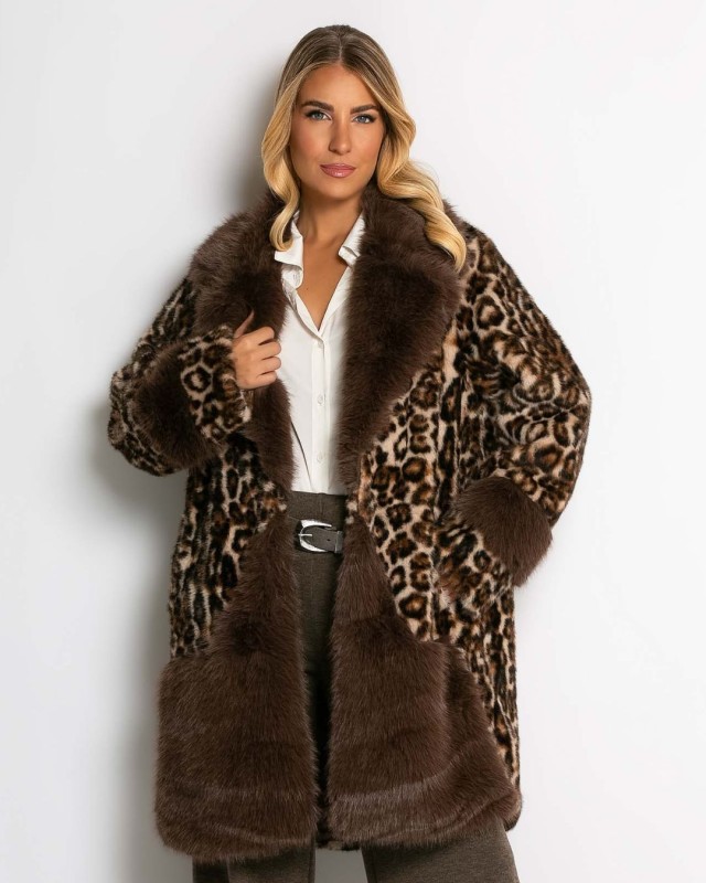 Γούνα μακριά με animal print καφέ