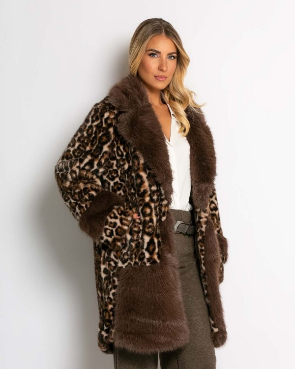 Γούνα μακριά με animal print καφέ