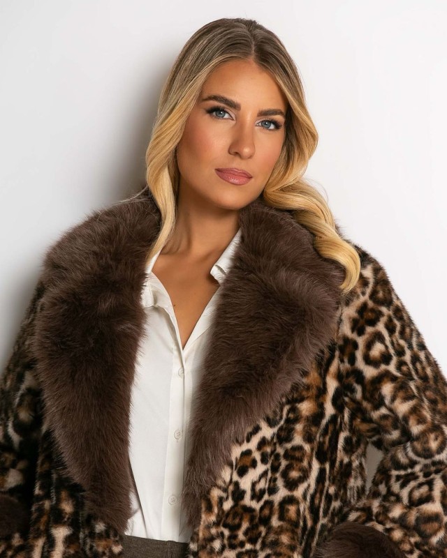 Γούνα μακριά με animal print καφέ