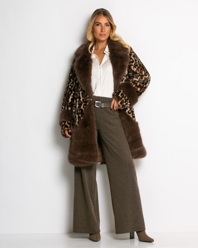 Γούνα μακριά με animal print καφέ