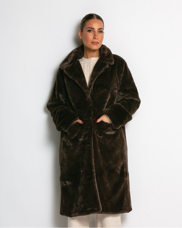 Γούνα μακρυά με τσέπες καφέ