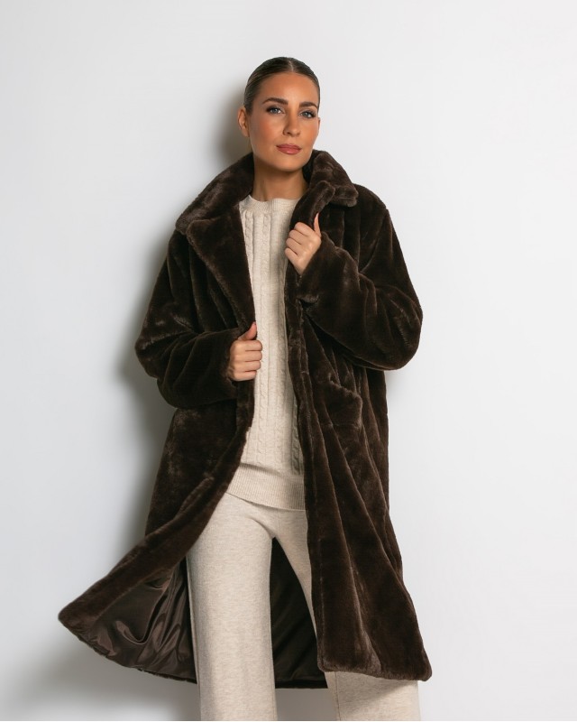 Γούνα μακρυά με τσέπες καφέ