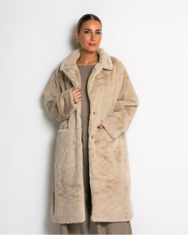 Γούνα μακρυά με τσέπες μπεζ